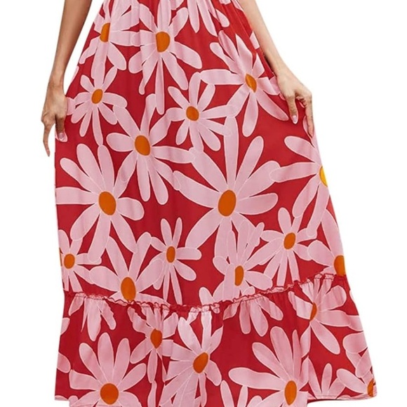 Brand New Infashule Floral Maxi Dress - Red with Pink Daisies - Size Large - Picture 4 of 5